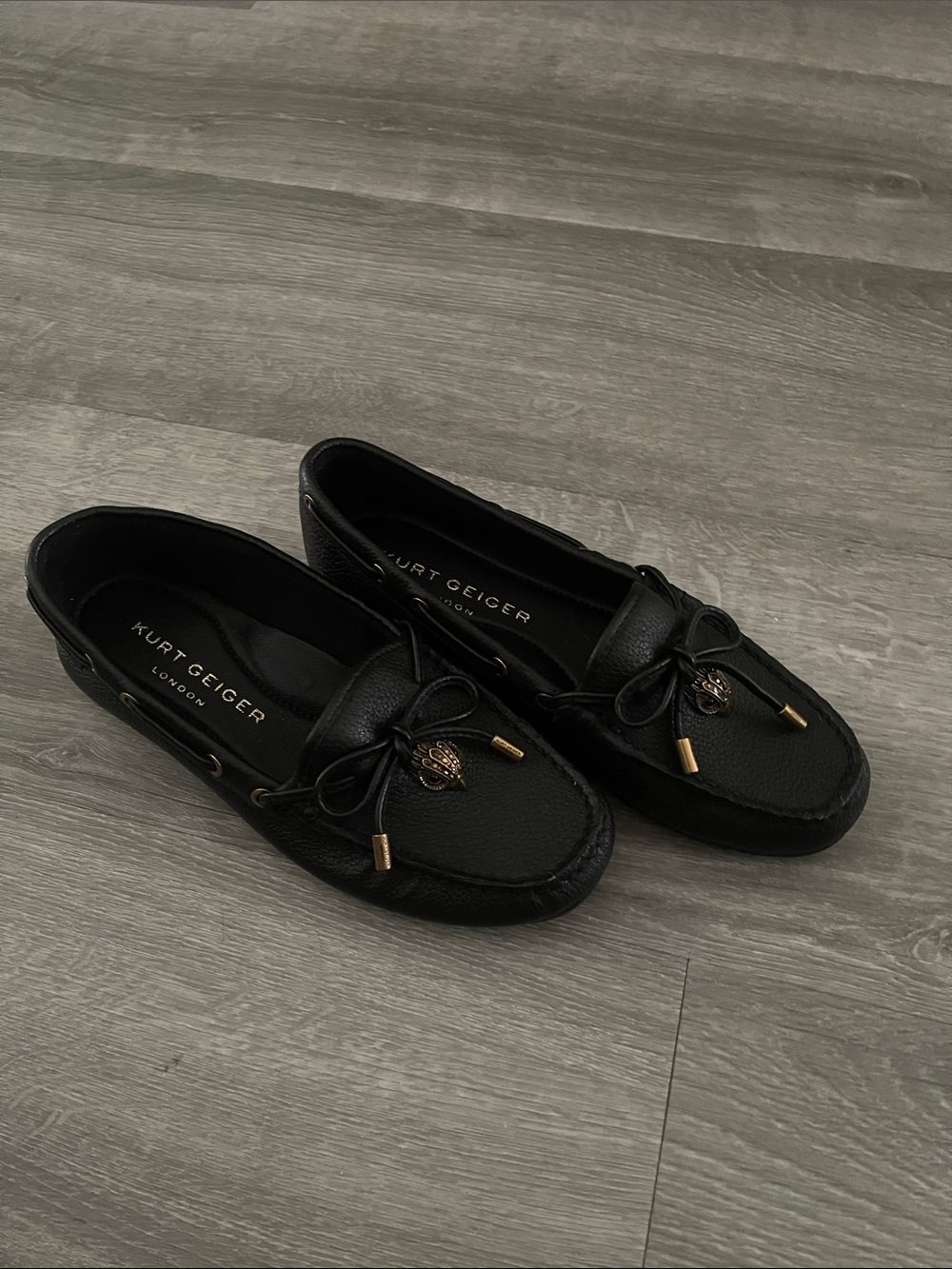 Kurt Geiger Black Leather Moccasin Loafers with Gold Accents